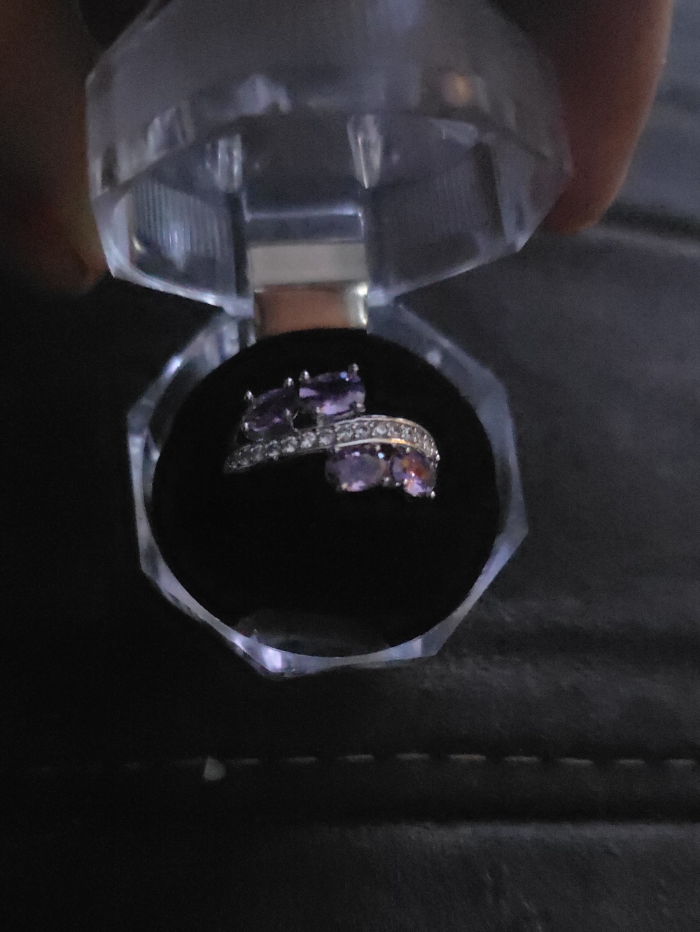 Silver Amethyst and Cubic Zirconia Curved Ring - Purple